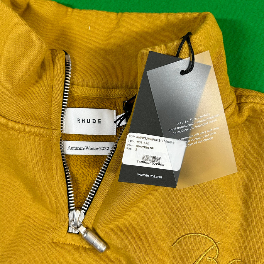 RHUDE Authentic Men's Mustard Heavyweight Embroidered Quarter Zip Sweatshirt XS - MSRP: $750