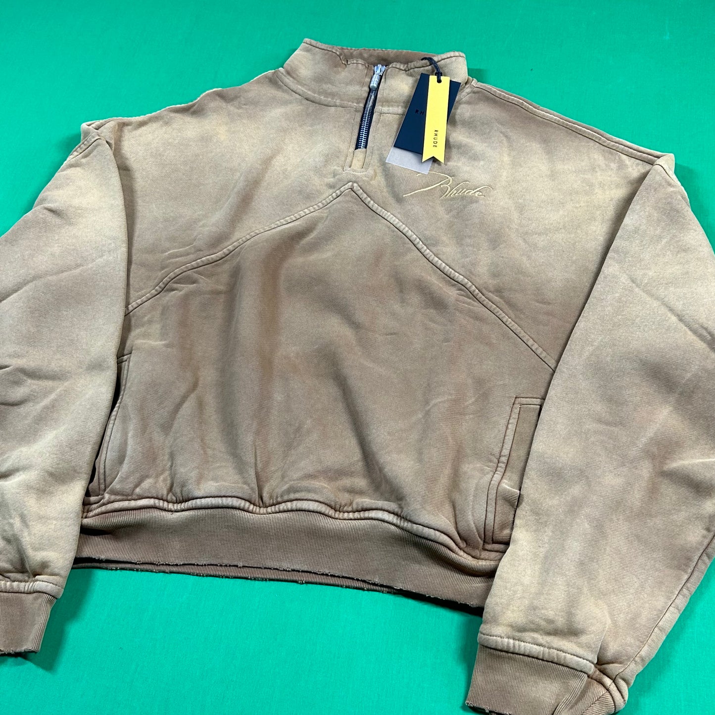 RHUDE Authentic Men's Sundry Camel Heavyweight Embroidered Quarter Zip Sweatshirt XL - MSRP: $750