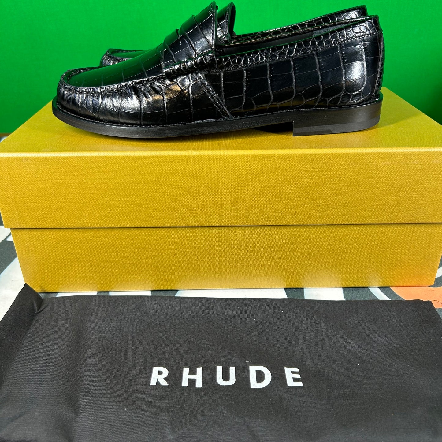 RHUDE Authentic  Men's Slip On Loafer Shoes 'Black Croc' Size 7M MSRP $695