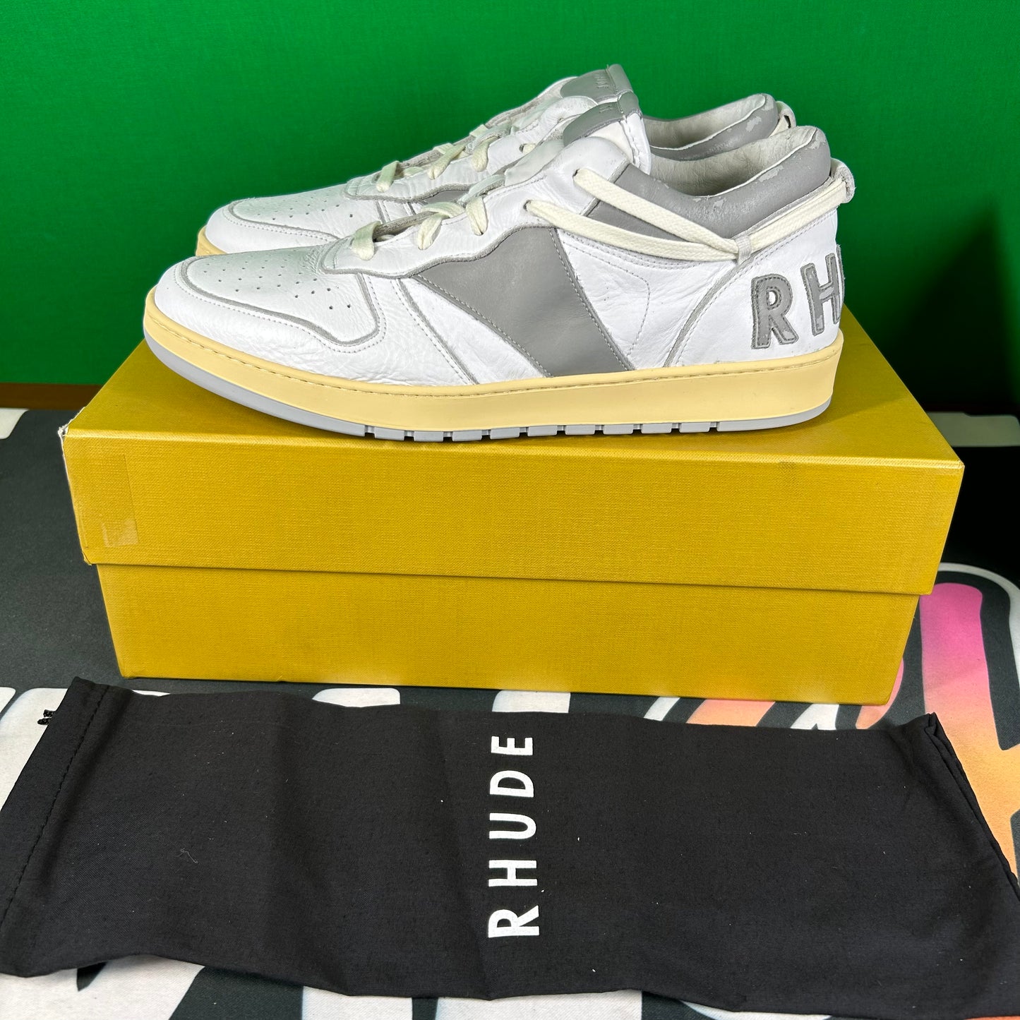 Rhude Rhecess Leather Low-Top Sneaker- White/Grey Size 9 Mens Shoe