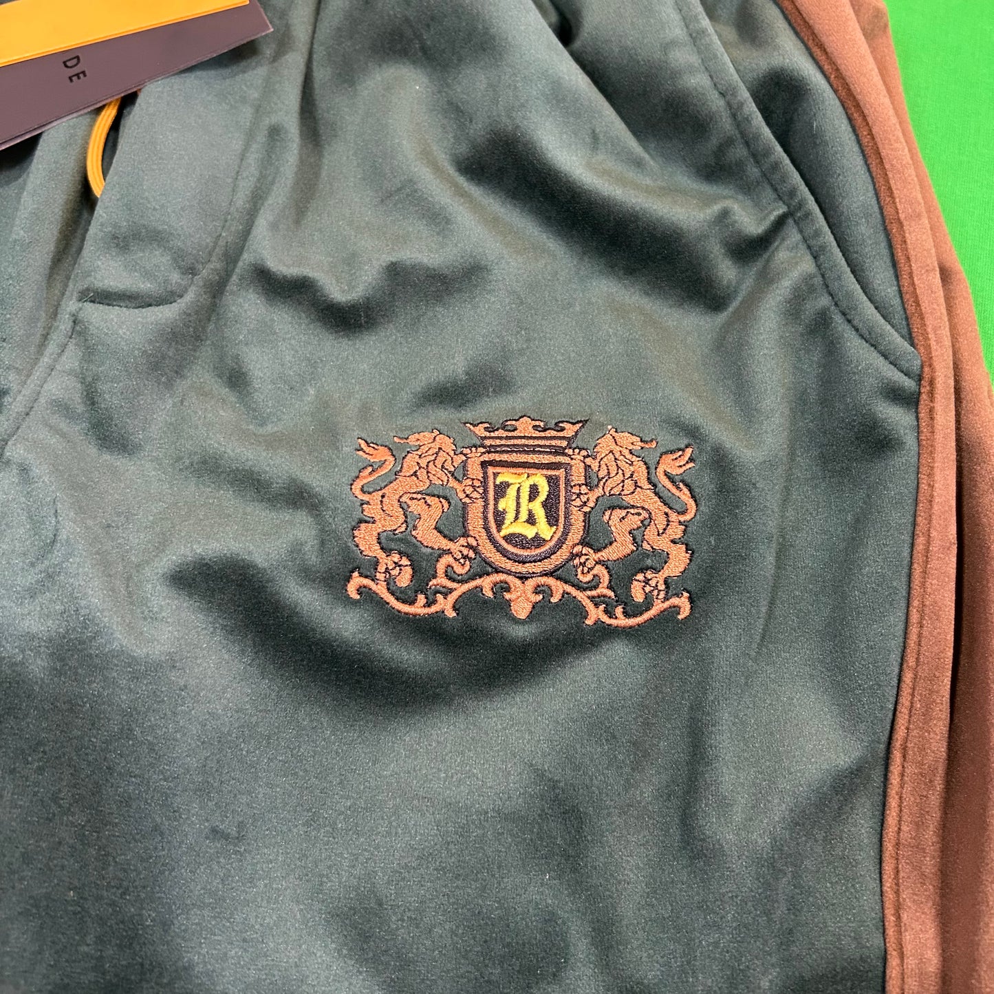Rhude Crest-Embroided Green Velvet Track Pants MSRP $895