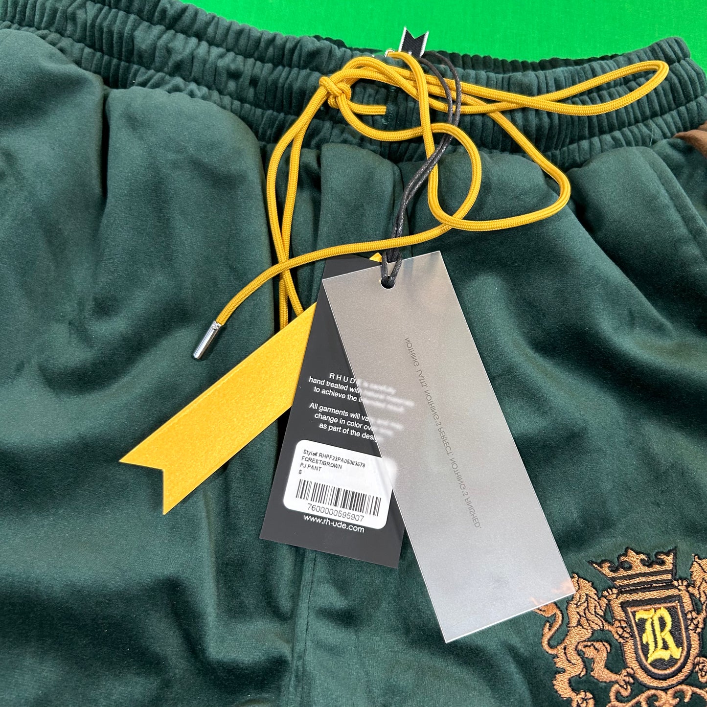 Rhude Crest-Embroided Green Velvet Track Pants MSRP $895