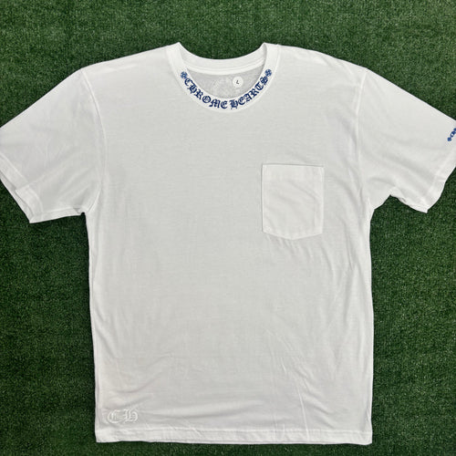 Chrome Hearts Blue Neck Logo White S/S T-Shirt Size Large