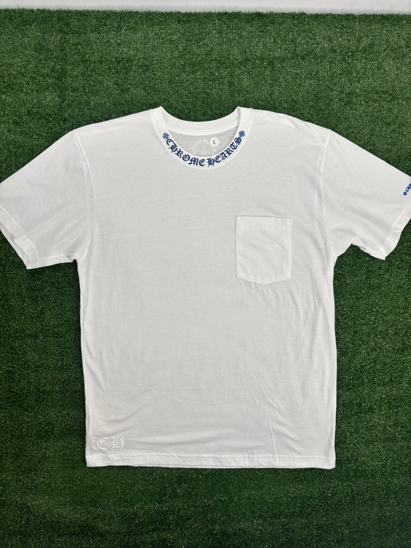 Chrome Hearts Blue Neck Logo White S/S T-Shirt Size Large