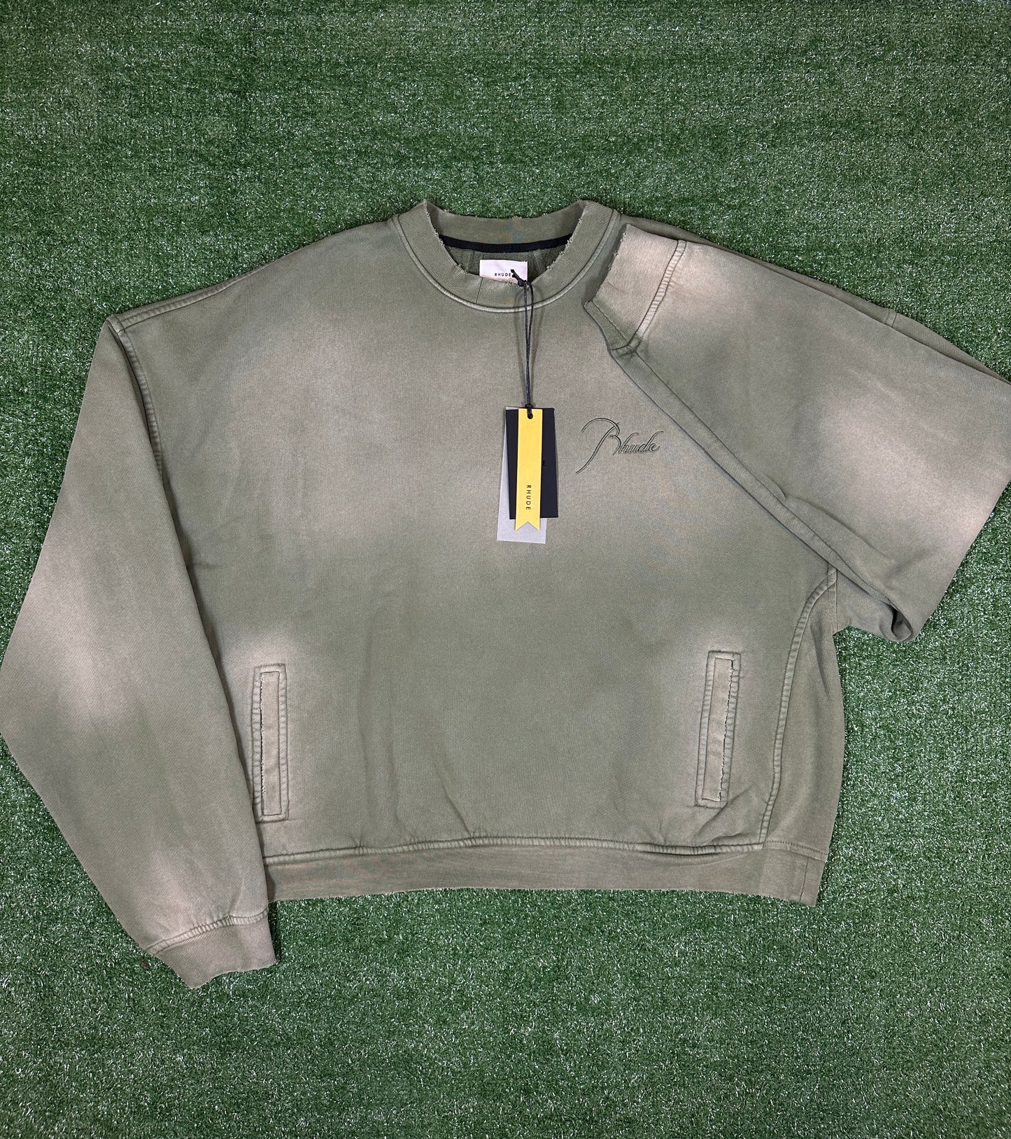 RHUDE Authentic Embroidered Crewneck Sweater-Sundry Olive-Size Large MSRP:$680.00