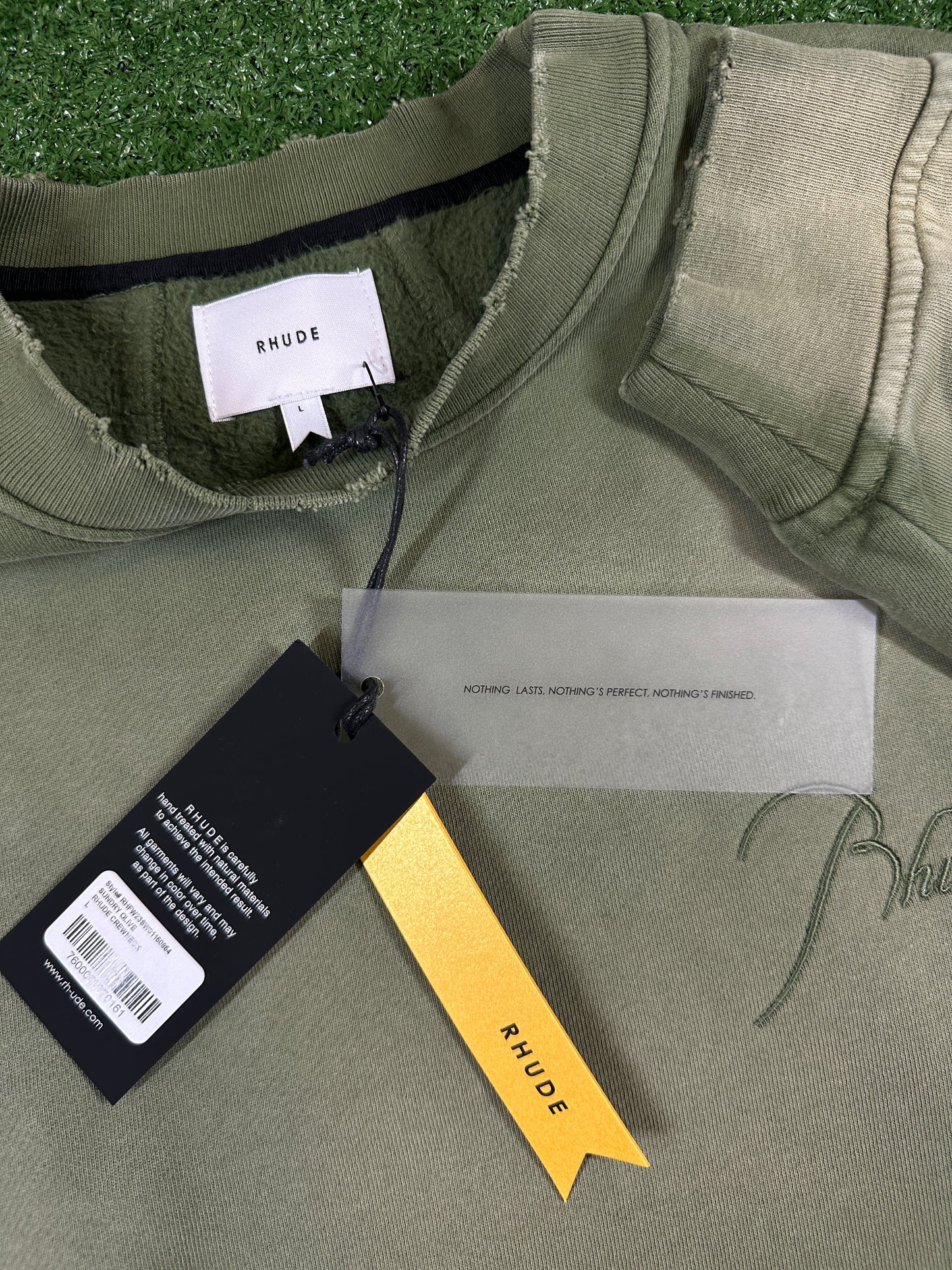 RHUDE Authentic Embroidered Crewneck Sweater-Sundry Olive-Size Large MSRP:$680.00