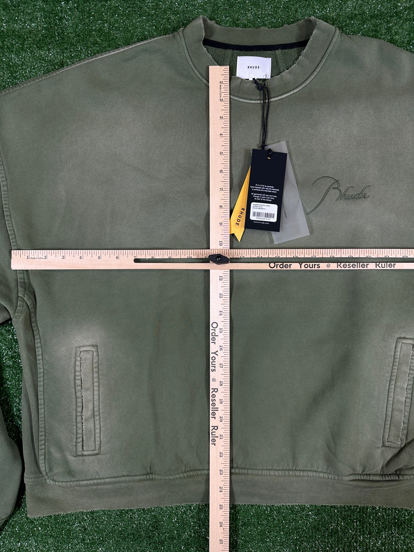 RHUDE Authentic Embroidered Crewneck Sweater-Sundry Olive-Size Large MSRP:$680.00