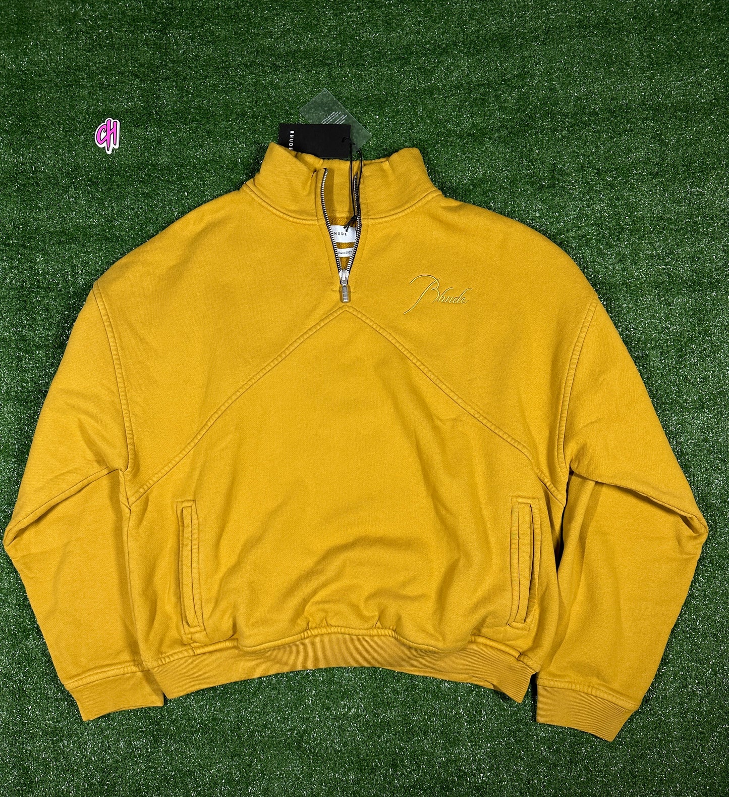 RHUDE Authentic Embroidered Crewneck Sweater-Mustard Yellow-Size Small Mens MSRP:$680.00
