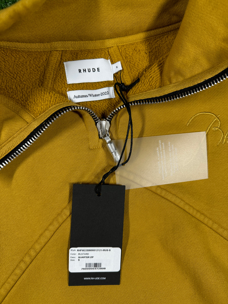 RHUDE Authentic Men's Mustard Heavyweight Embroidered Quarter Zip Sweatshirt SM - MSRP: $750