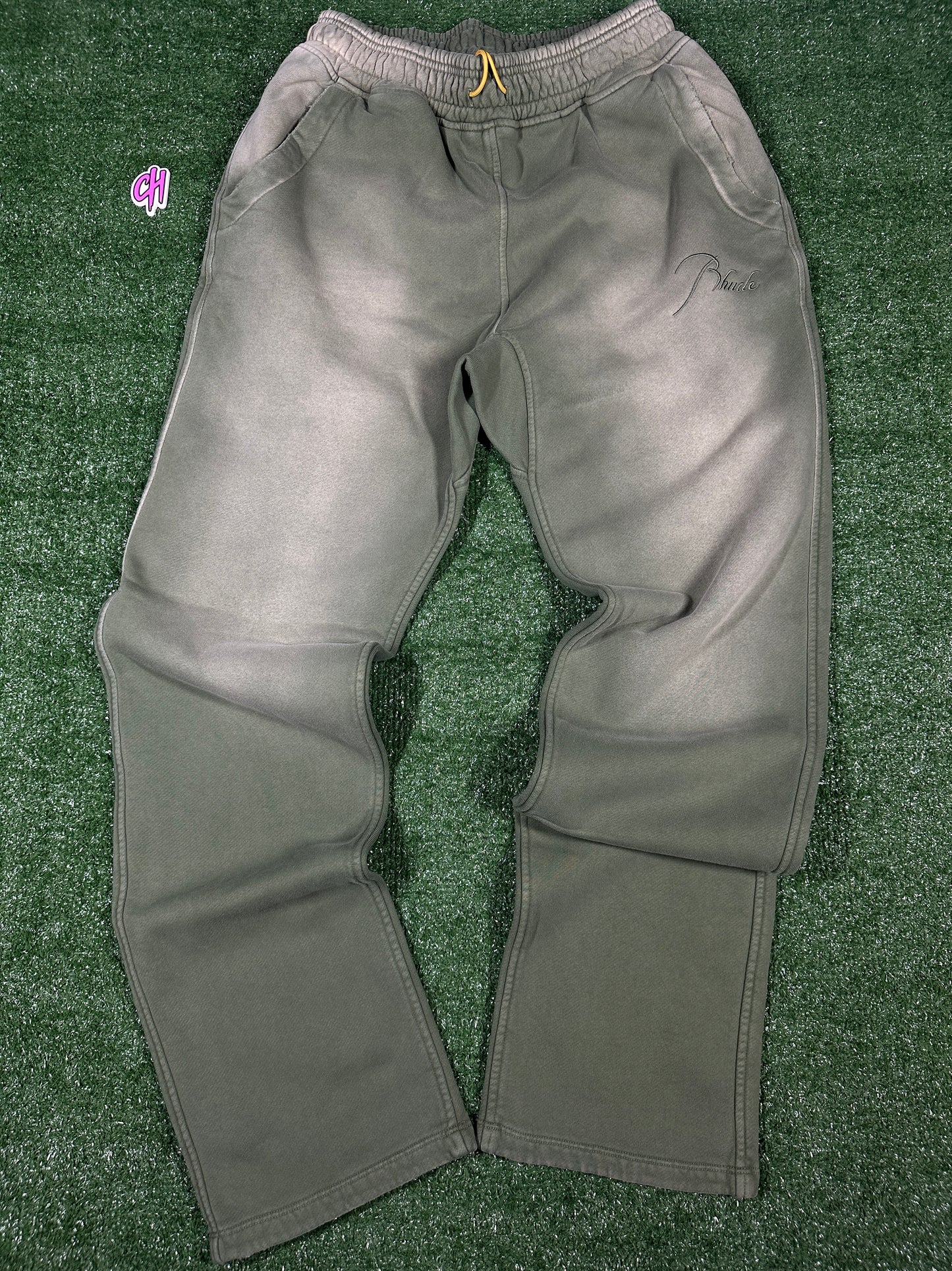 RHUDE Authentic Men's Sundry Olive Heavyweight Embroidered Logo Sweatpants SM MSRP: $765.00