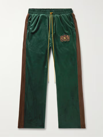 Rhude Crest-Embroided Green Velvet Track Pants MSRP $895