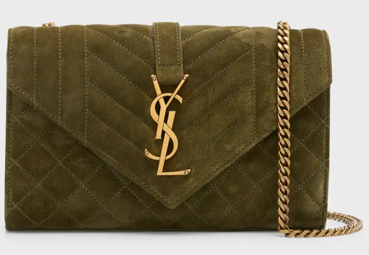 YSL Envelope Triquilt Small Shoulder Bag in Suede Loden Green