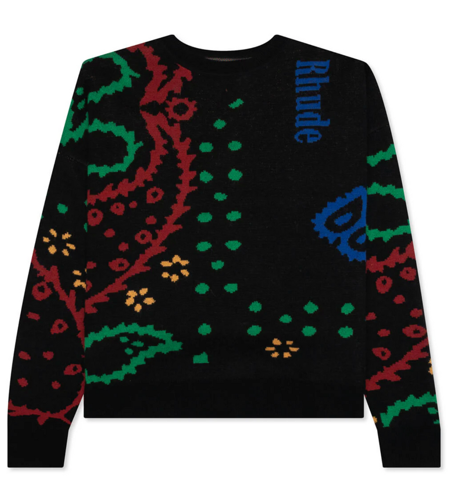 Rhude Bandana Knit Crewneck - Black/Red/Green MSRP $1,325