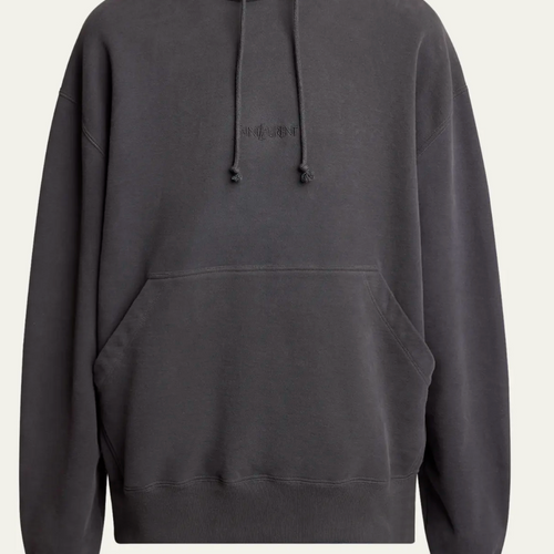 Saint Laurent Men's Fleece Tonal Logo Hoodie Charcoal Grey Size Large