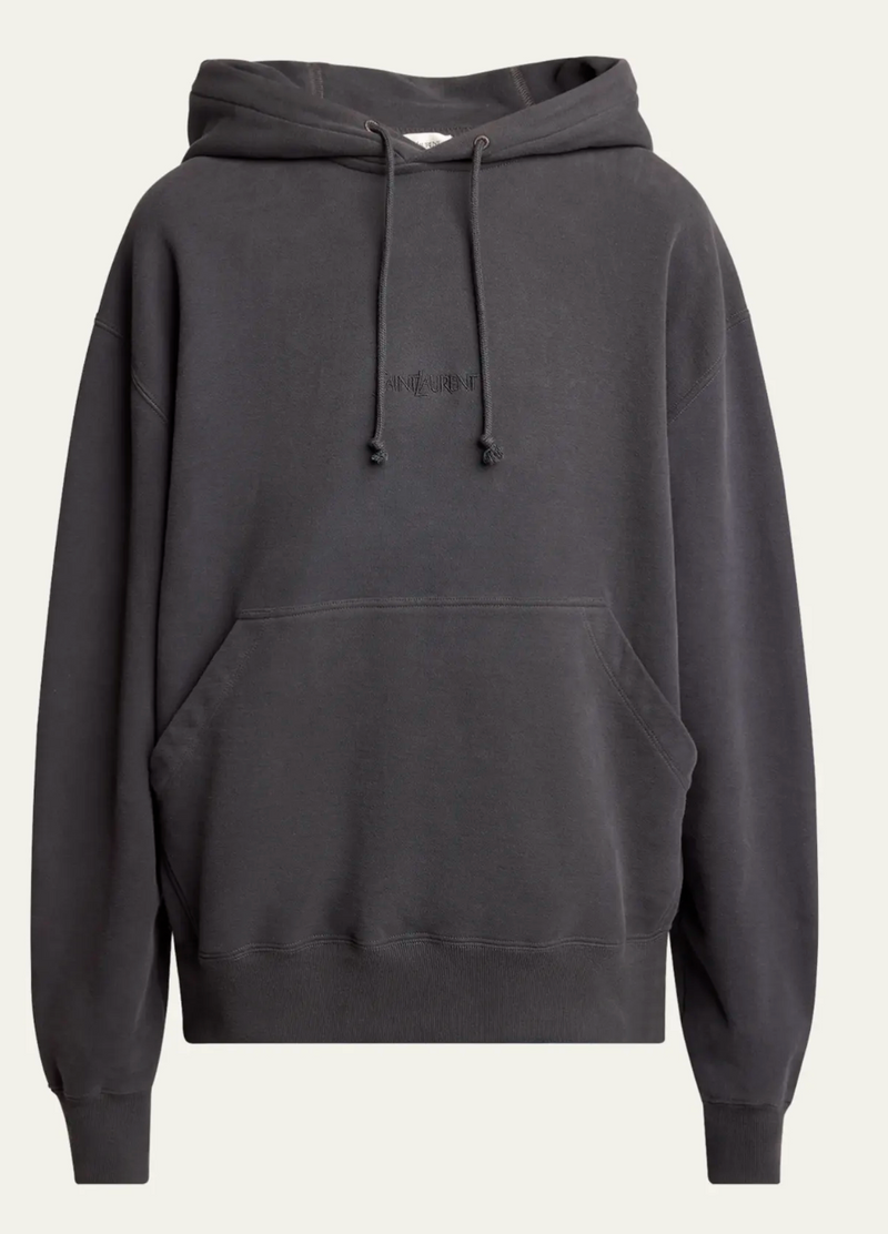 Saint Laurent Men's Fleece Tonal Logo Hoodie Charcoal Grey Size Large