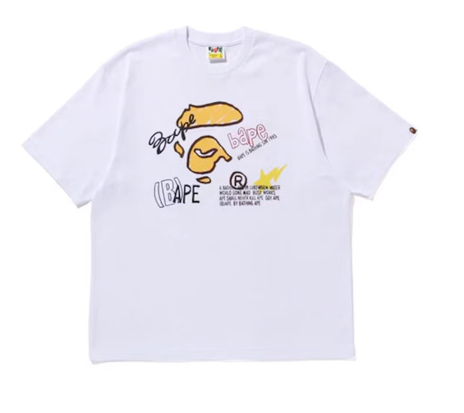 A Bathing Ape BAPE Hand Draw Graphic Relaxed Fit Tee White Size Medium Mens