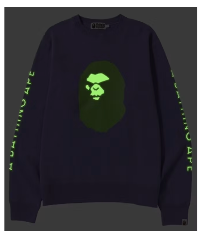 A Bathing Ape BAPE Mad Face Crewneck Purple Size Small Mens GLOW IN THE DARK!