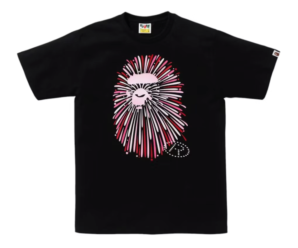 A Bathing Ape BAPE Ape Head Firework I Tee Black/Pink Size Medium Mens GLOW IN THE DARK!