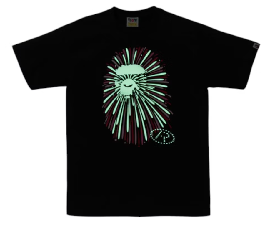 A Bathing Ape BAPE Ape Head Firework I Tee Black/Pink Size Medium Mens GLOW IN THE DARK!