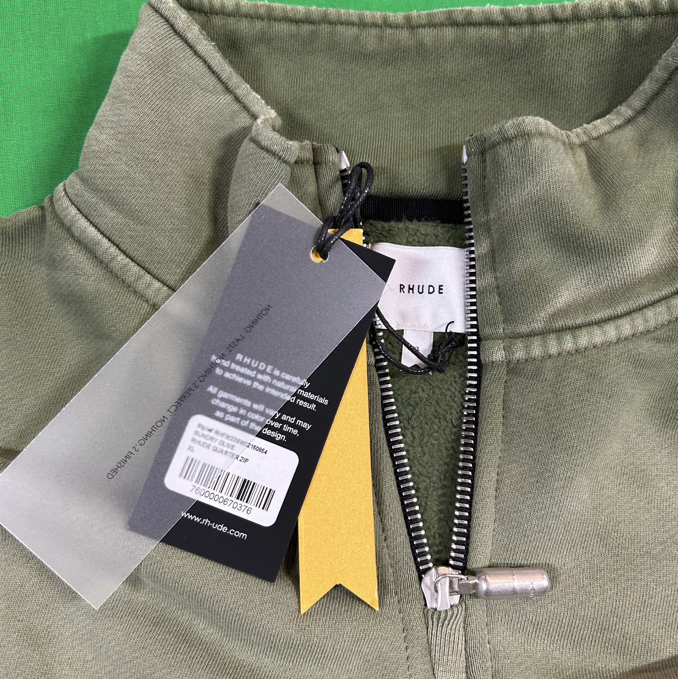 RHUDE Authentic Men's Sundry Olive Heavyweight Embroidered Quarter Zip Sweatshirt XL - MSRP: $750