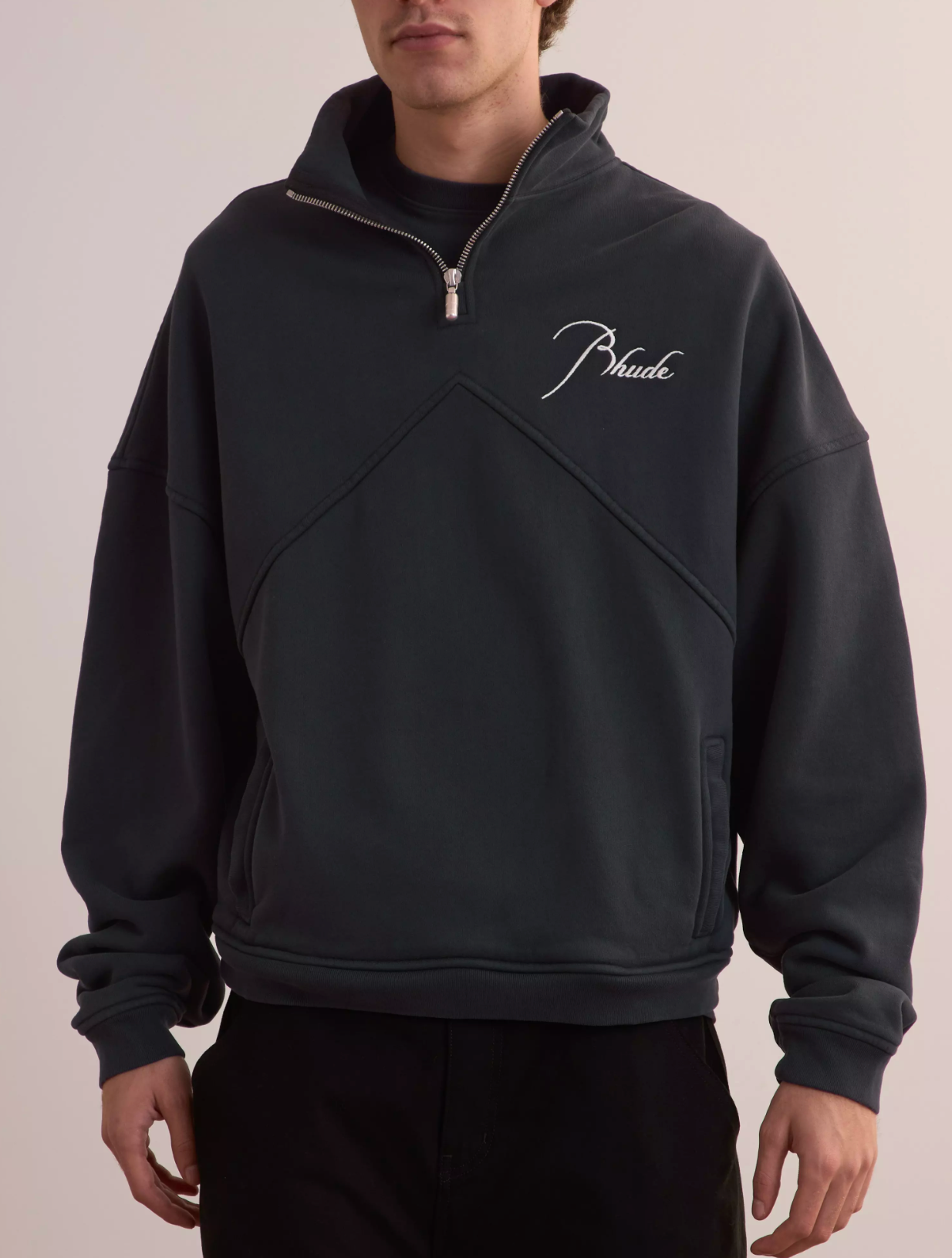 RHUDE Authentic Men's Vintage Black Heavyweight Embroidered Quarter Zip Sweatshirt XL - MSRP: $750