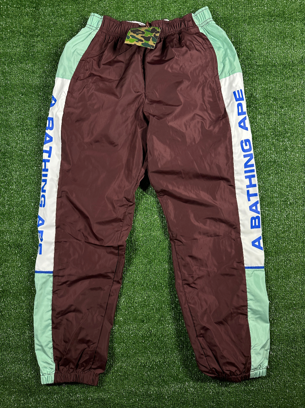 BAPE Authetic Men's Burgundy Turquoise Striped Men's Track Pants - Size Small