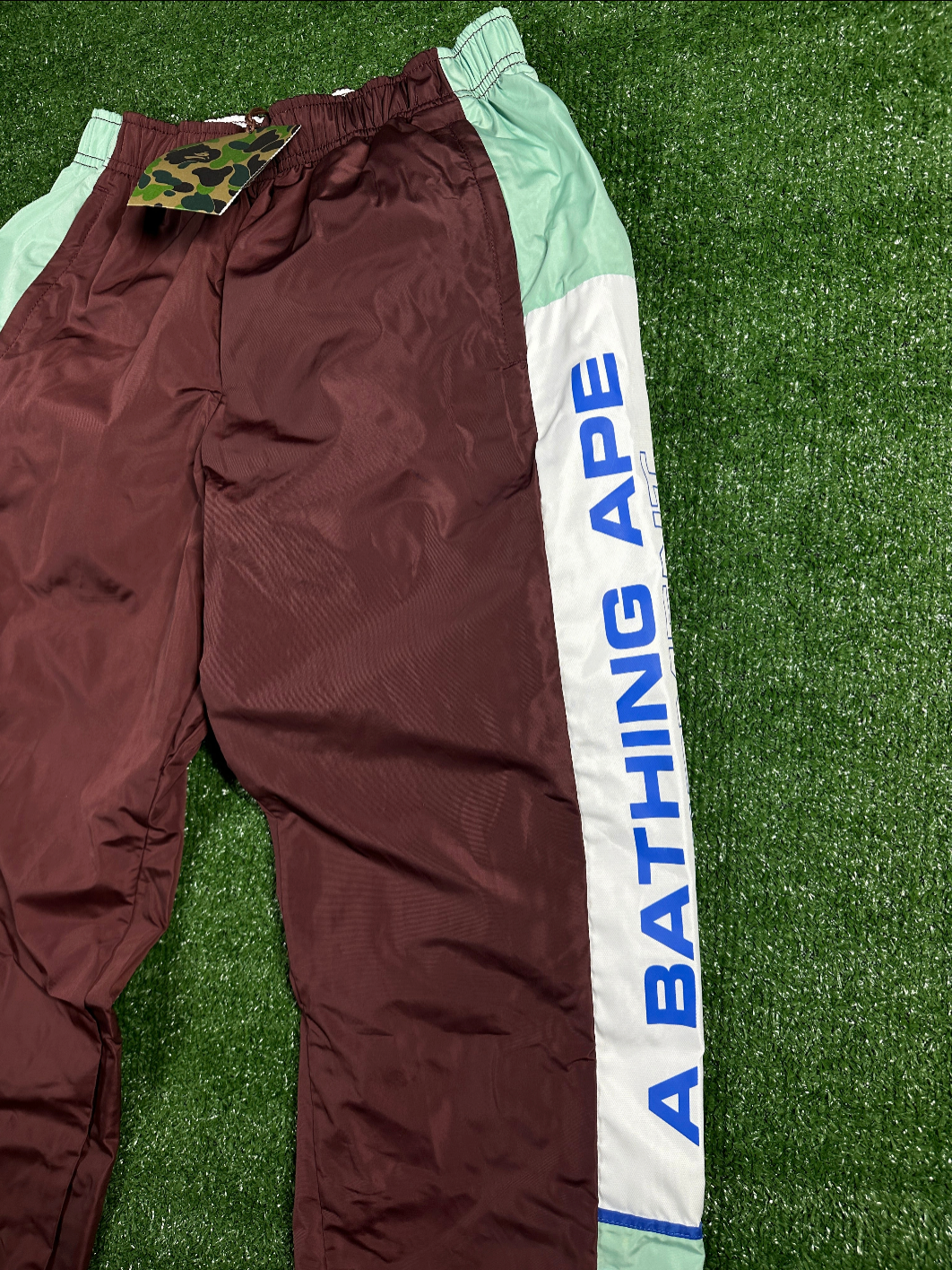 BAPE Authetic Men's Burgundy Turquoise Striped Men's Track Pants - Size Small