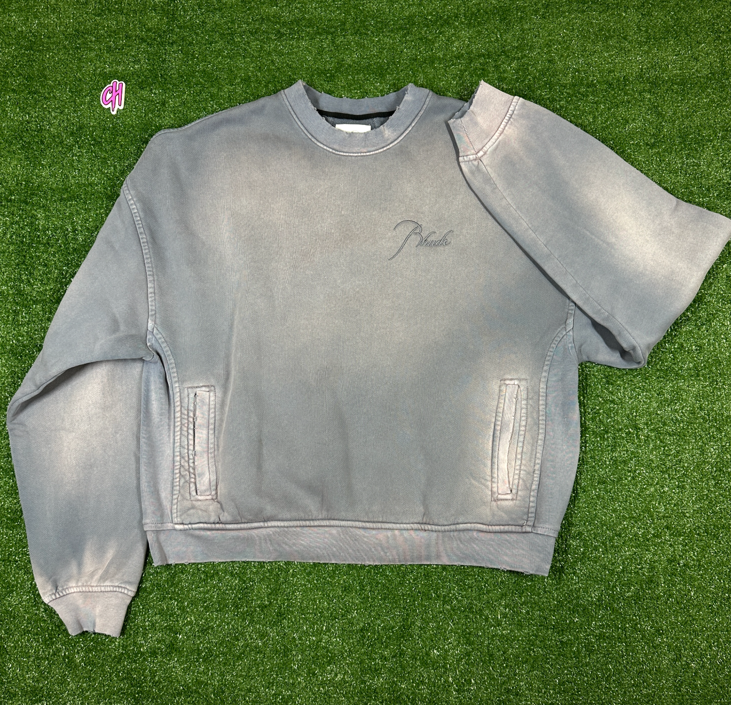 RHUDE Authentic Embroidered Crewneck Sweater-Sundry Steele- Size Small Mens MSRP:$680.00