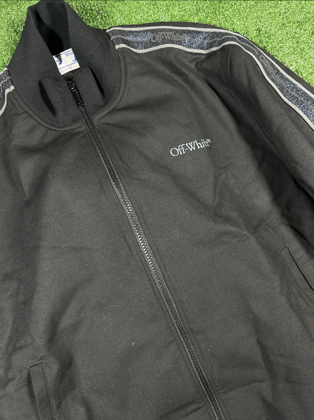 Off-White Full-Zip 'Shimmer Logo' Striped Bomber Jacket - Size XL