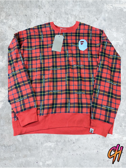 BAPE Logo Check Red Loose Fit Crewneck Sweater Size XL
