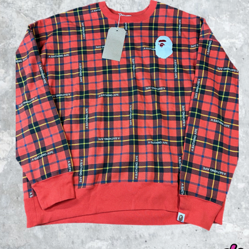 BAPE Logo Check Red Loose Fit Crewneck Sweater Size XL