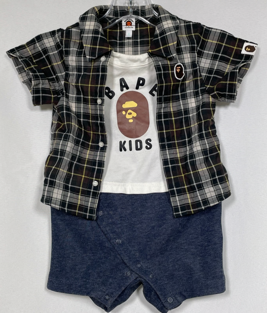 Bape Kids Check Layered Romper Shirt Green Size 80