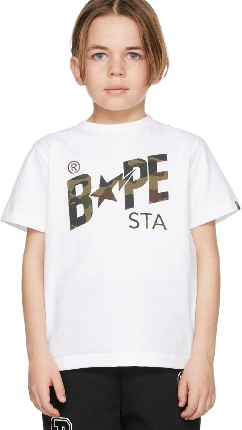 Bape Kids Reflector 1st Camo Bapesta Logo White T-Shirt Size 90