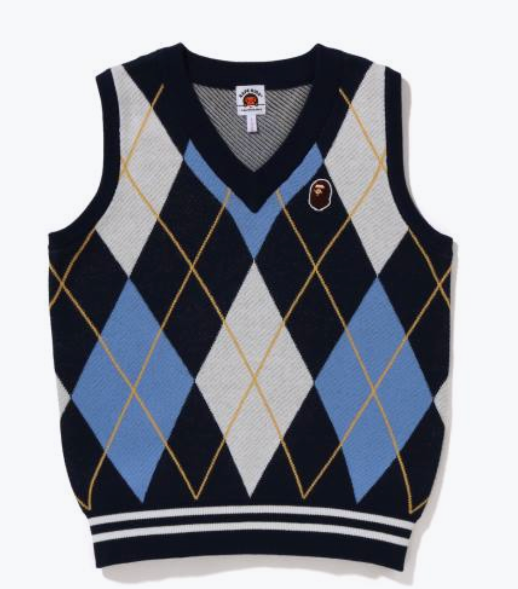 Bape Kids Ape Head Patch Argyle Knit Vest Jr Navy Size 150 K