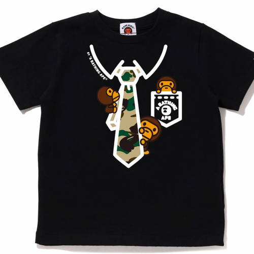 Bape Kids 1st Camo Baby Milo Neck Tie Print Black T-Shirt Size 90
