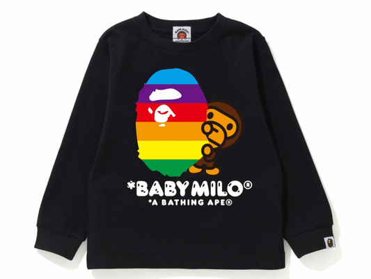 Bape Kids Rainbow Ape Head Baby Milo Black L/S T-Shirt Size 90