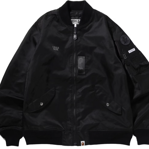 Bape Ursus Washed Nylon Loose Fit Black MA-1 Bomber Jacket Size Large