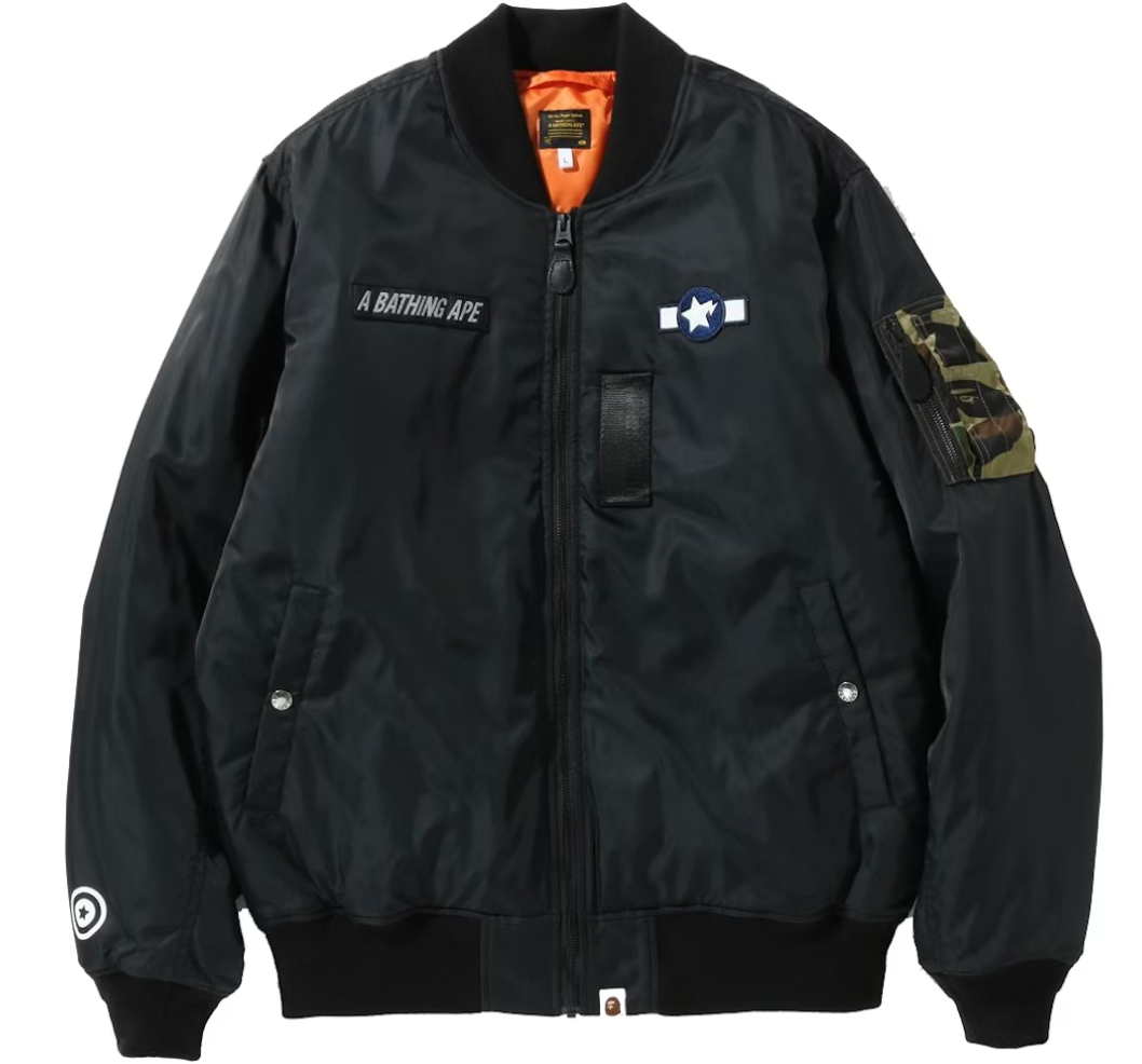 Bape Busy Shark Loose Fit Black MA-1 Bomber Jacket Size Large