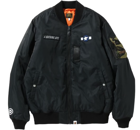 Bape Busy Shark Loose Fit Black MA-1 Bomber Jacket Size Large