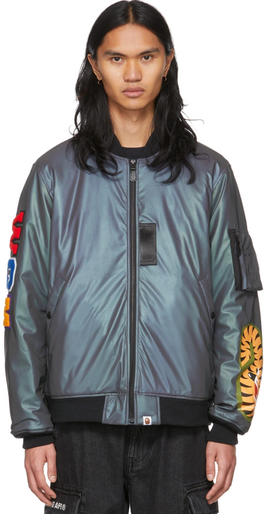 Bape Grey Reflective Loose Shark MA-1 Bomber Jacket Size Medium