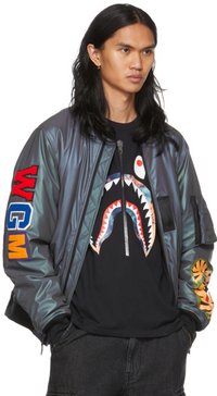 Bape Grey Reflective Loose Shark MA-1 Bomber Jacket Size Small