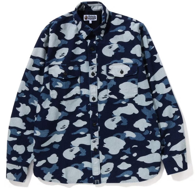 Bape Sashiko Camo Indigo Ralxed Fit Button-Down Shirt Size Large