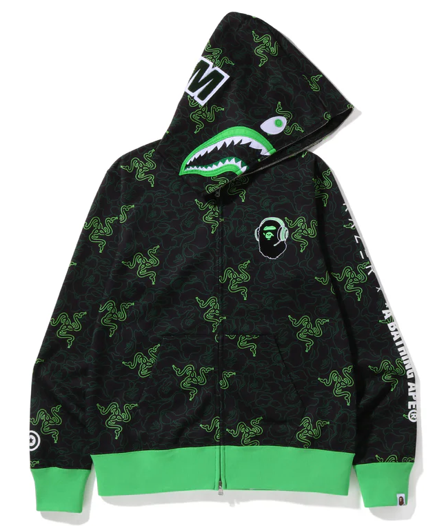 Bape X Razer Neon Camo Shark Full-Zip Hoodie Size XL