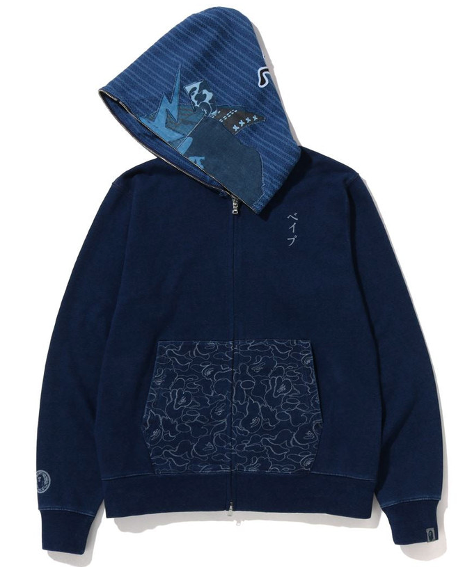 Bape Samurai Shark Indigo Full-Zip Hoodie Size Large