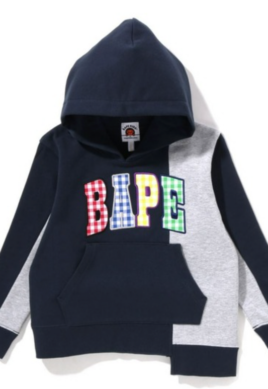 Bape Kids Gingham Check Patch Pullover Hoodie Navy Size 120 K