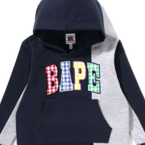 Bape Kids Gingham Check Patch Pullover Hoodie Navy Size 120 K