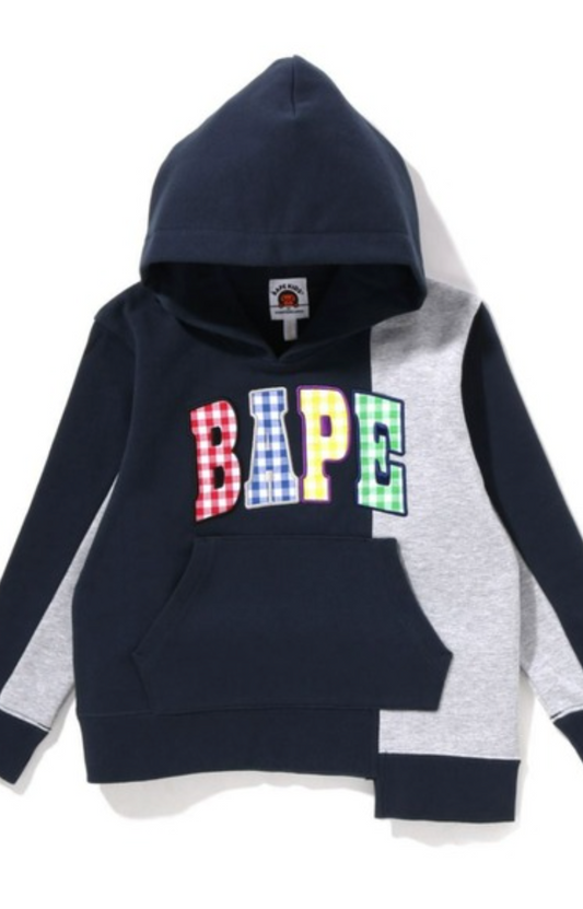 Bape Kids Gingham Check Patch Pullover Hoodie Navy Size 110 K