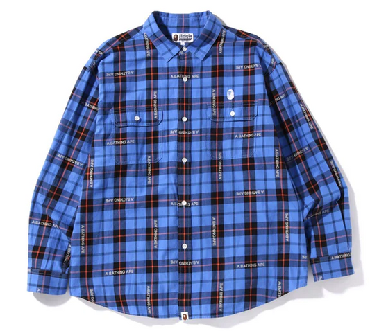 Bape Logo Check Loose Fit Blue Shirt Size Small