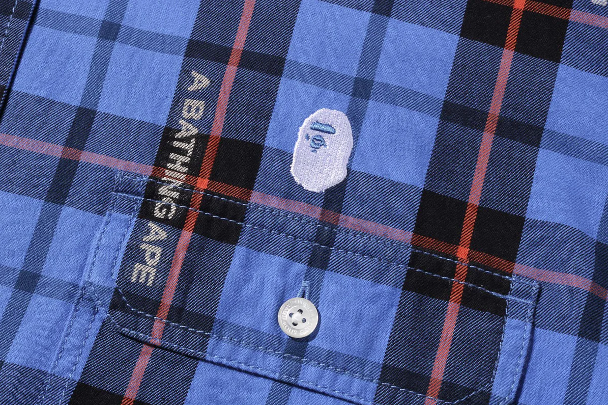 Bape Logo Check Loose Fit Blue Shirt Size Large