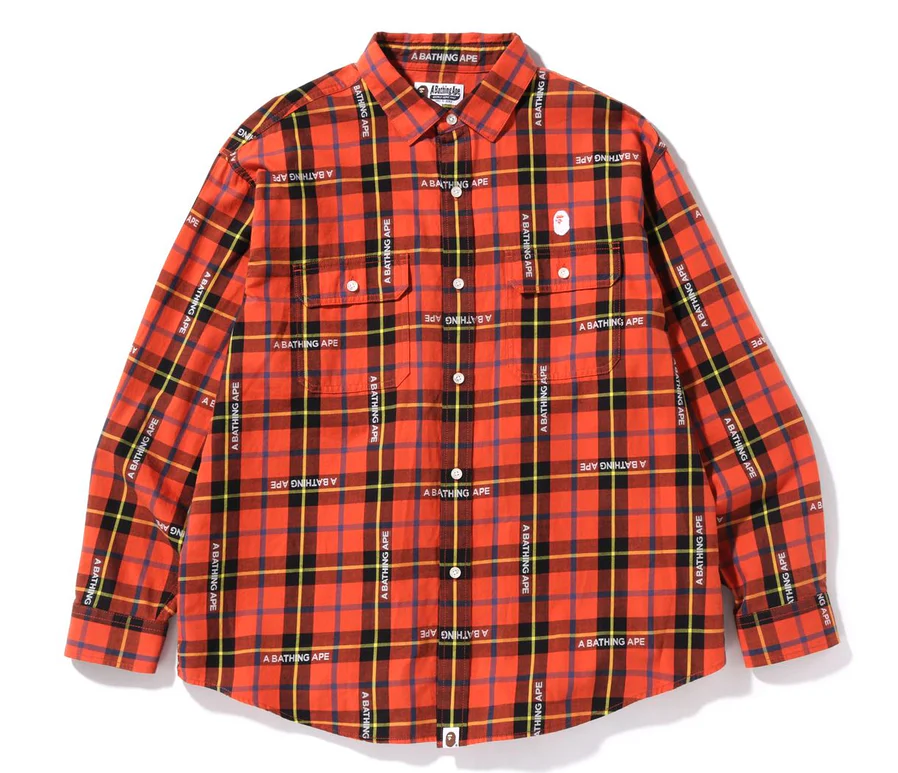 Bape Logo Check Loose Fit Red Button Up Shirt Size Medium